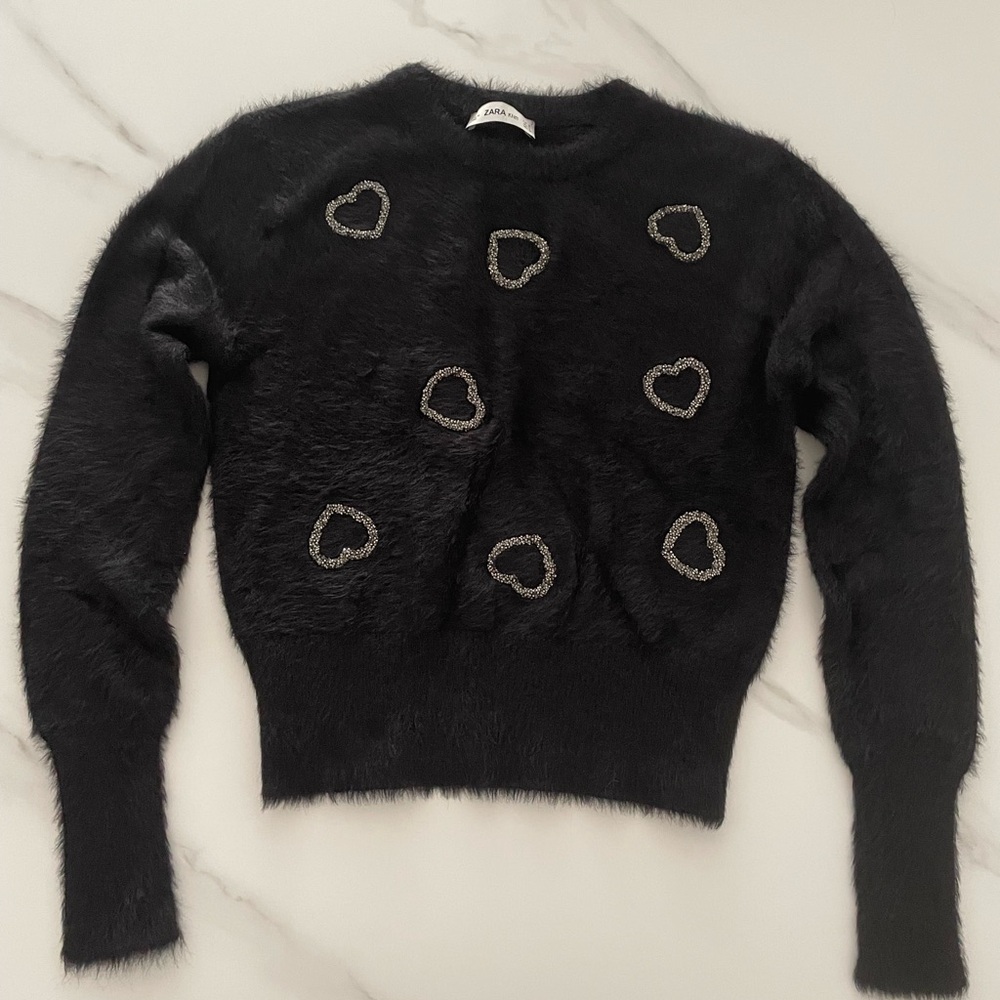 Zara Black Fuzzy Sweater with Embroidered Hearts